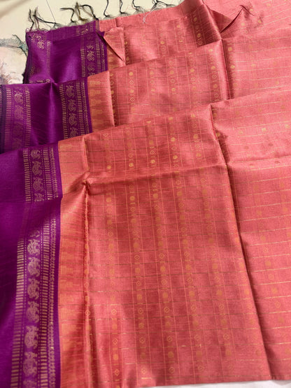 Pastel Peach & Purple Contrast Tussar Silk Saree
