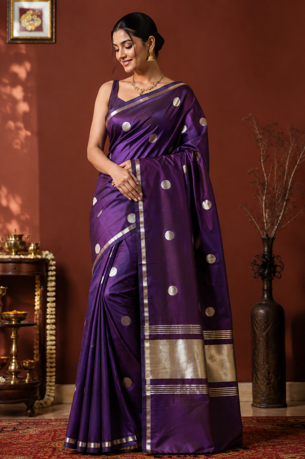 Royal Purple Soft Silk Saree with Zari Polka Dots | Hridha