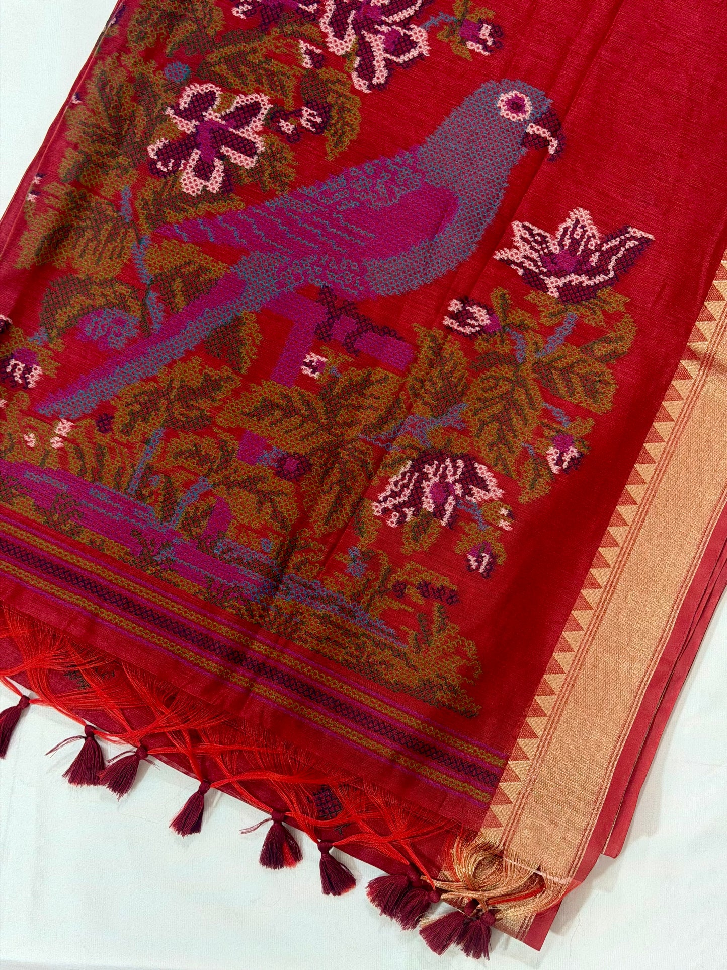 Textured Muga Saree with Woven Parrot Pallu & Temple Zari Border