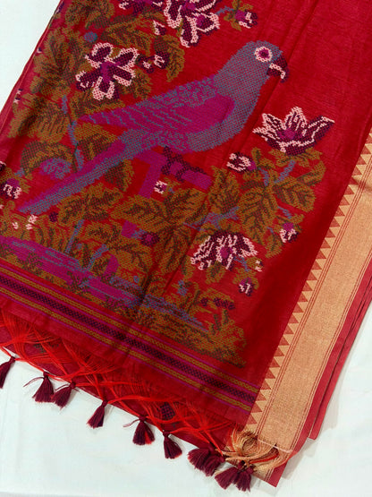 Textured Muga Saree with Woven Parrot Pallu & Temple Zari Border