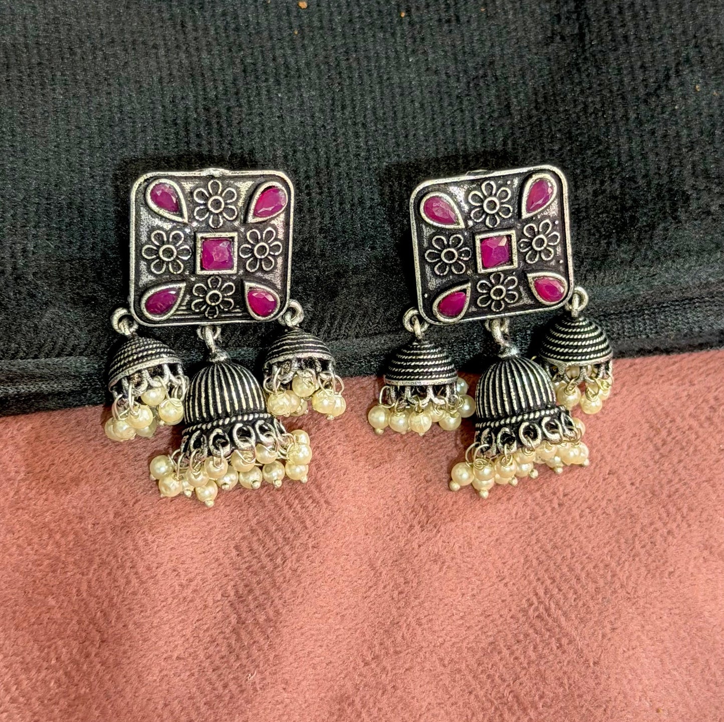 Maroon Oxidised Triple Jhumkas