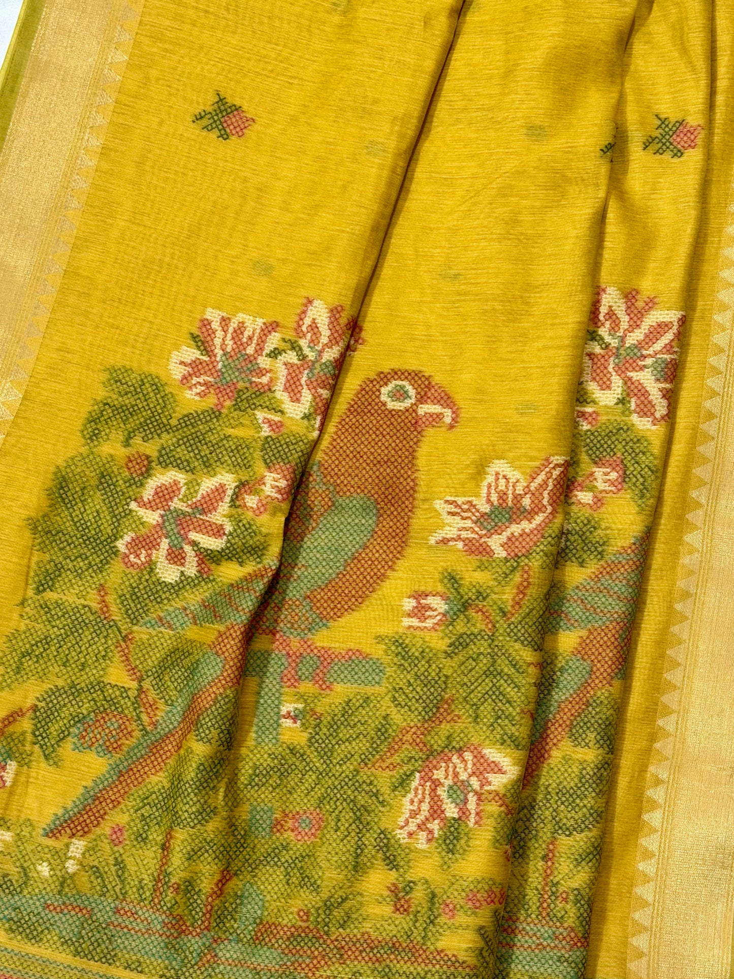 Textured Muga Saree with Woven Parrot Pallu & Temple Zari Border