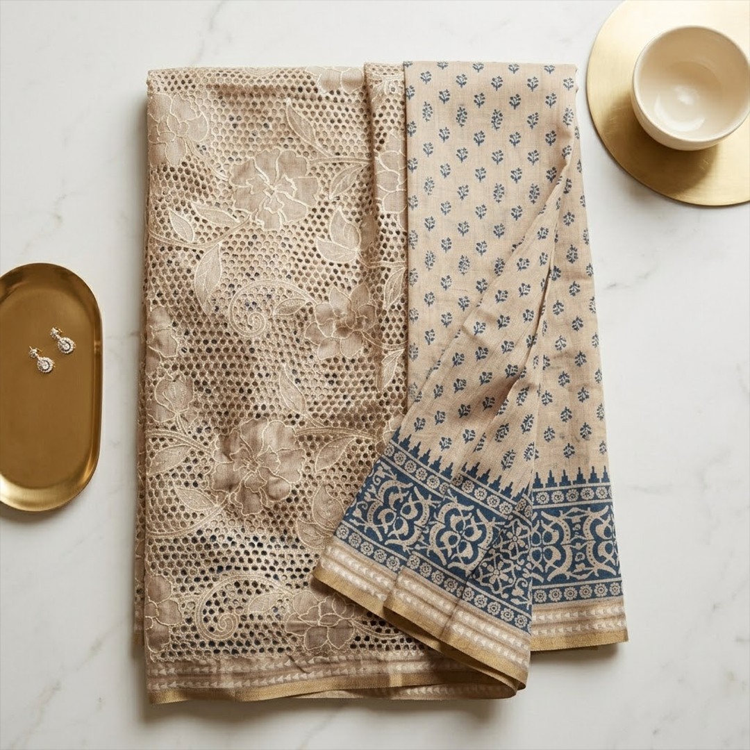 Ivory Filigree | Beige Tussar Silk Saree with Ornate Cutwork Pallu