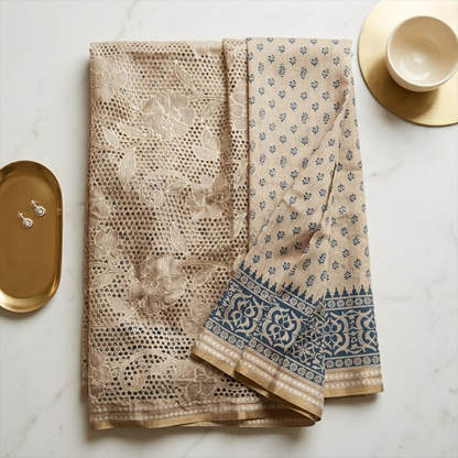 Ivory Filigree | Beige Tussar Silk Saree with Ornate Cutwork Pallu
