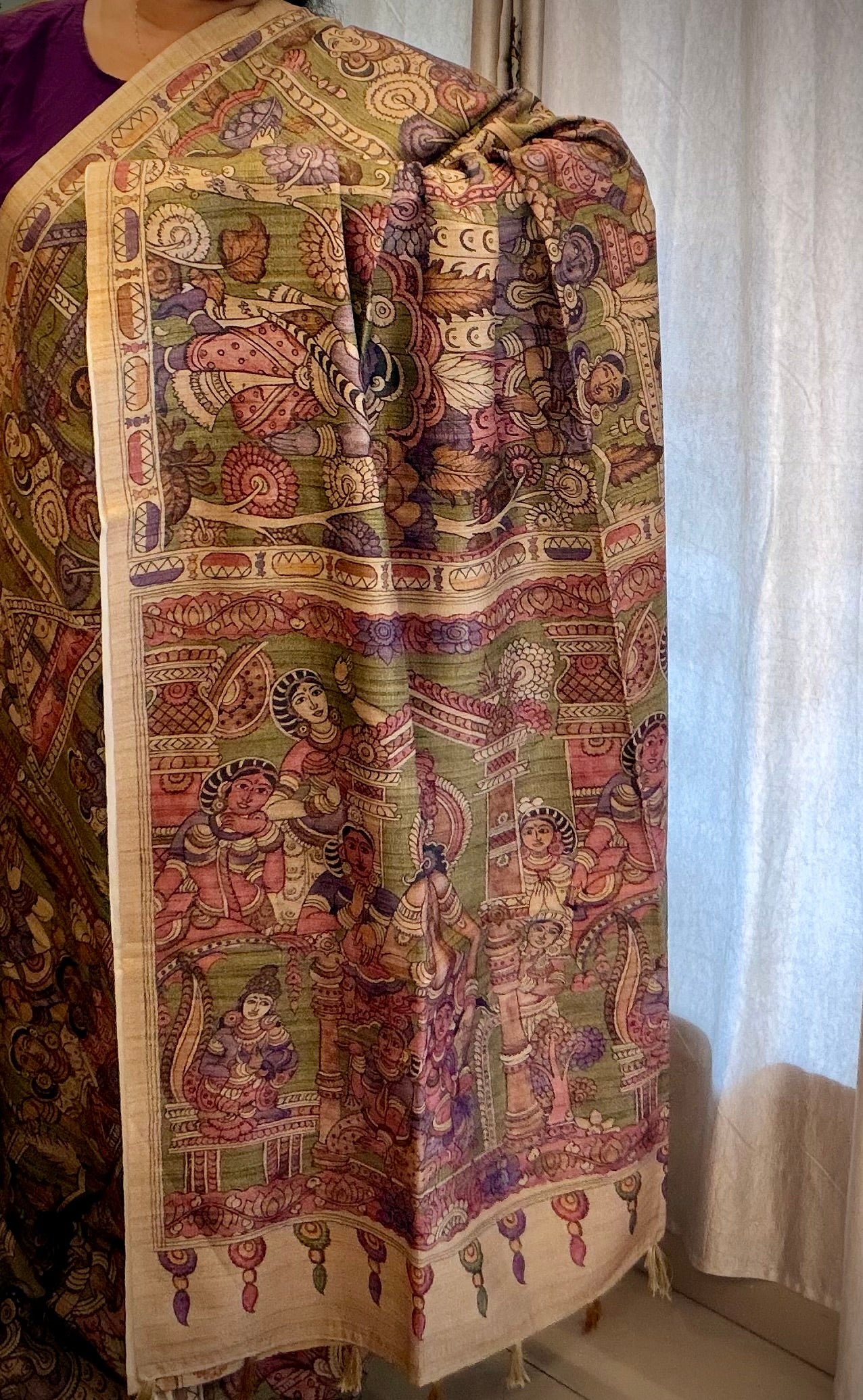 Archaic Elegance: Lilac and Olive Green Kalamkari Tussar Collection