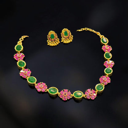Ruby & Emerald Floral Gold Necklace Set | Hridha