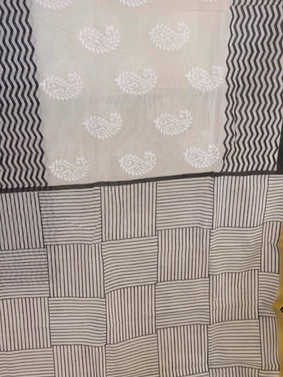 Black & white block print cotton saree