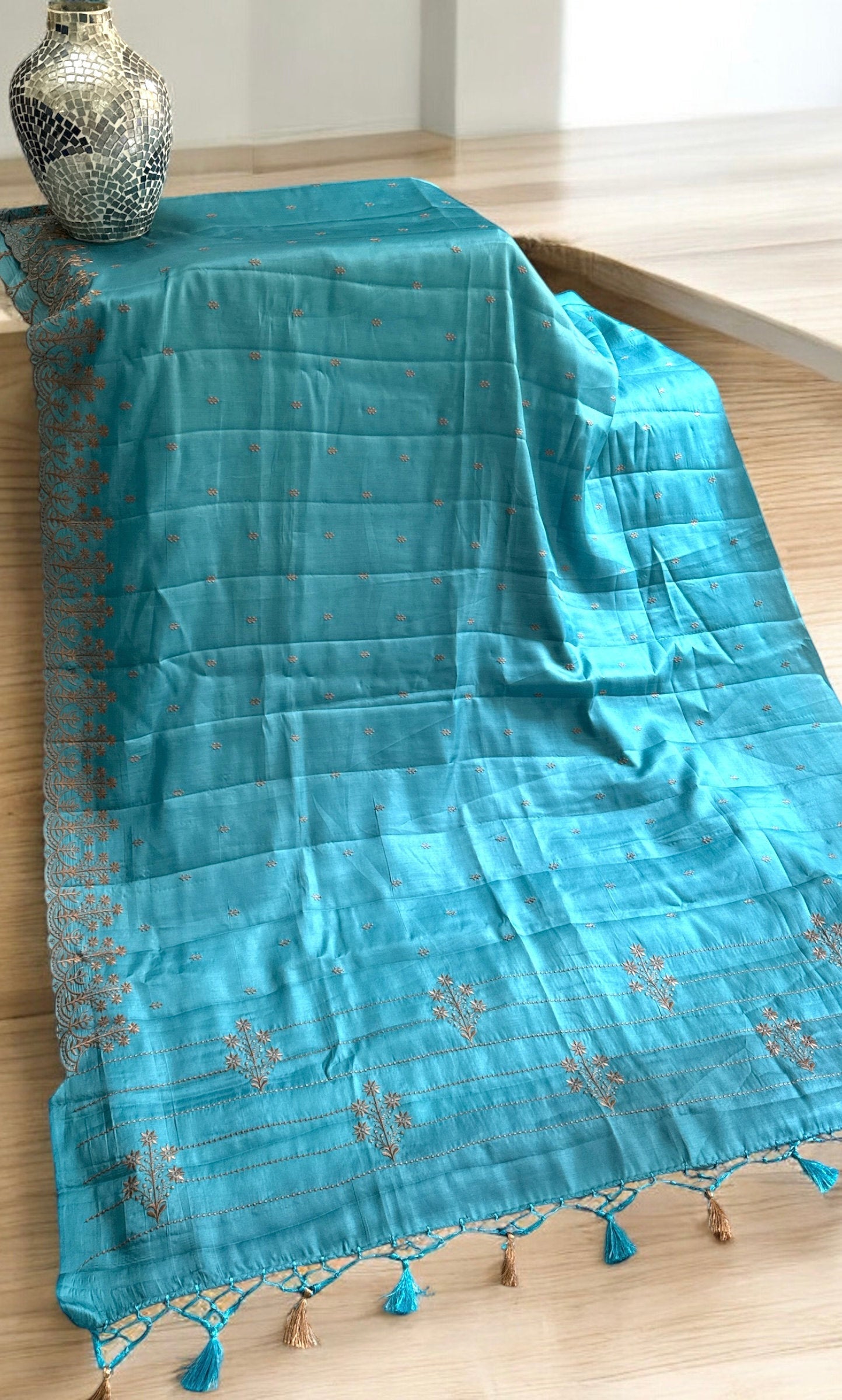 Teal Raw silk embroidery saree