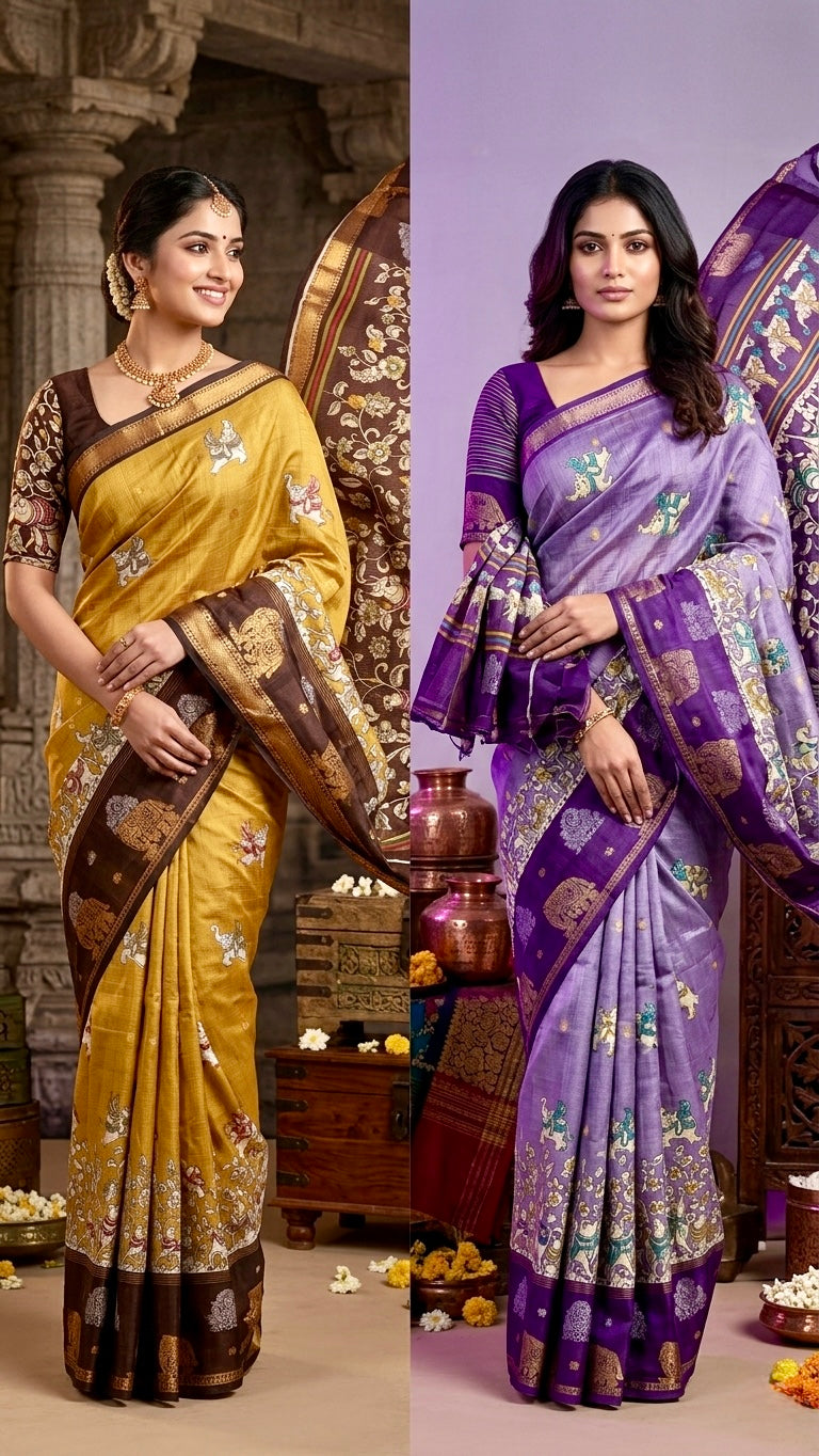Aura of Artisans: Premium Lavender-Mustard Kalamkari Saree Collection