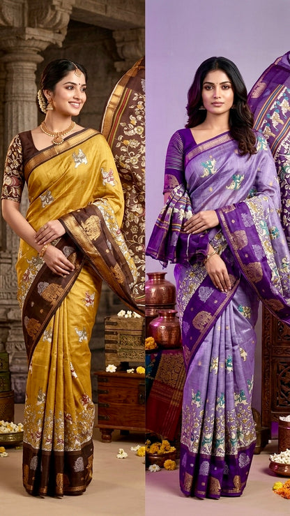 Aura of Artisans: Premium Lavender-Mustard Kalamkari Saree Collection