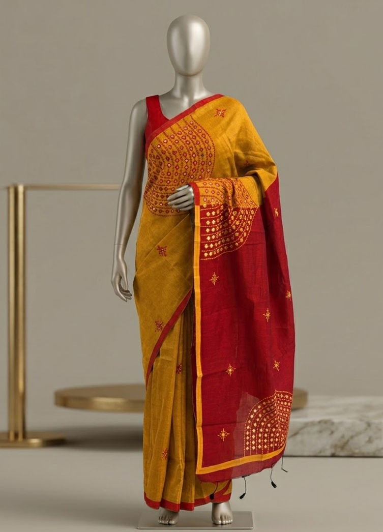 Amber Glow Silk Cotton Saree with Maroon Mirror-Work Pallu