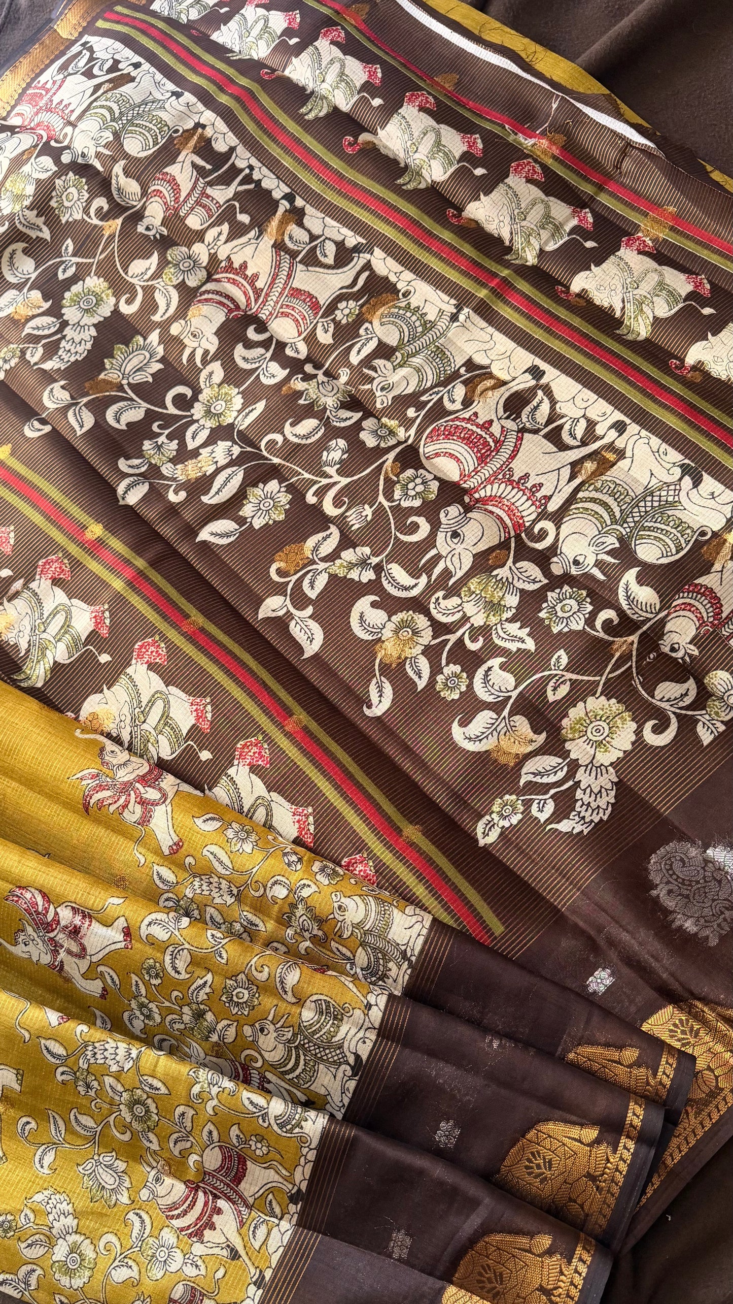 Aura of Artisans: Premium Lavender-Mustard Kalamkari Saree Collection