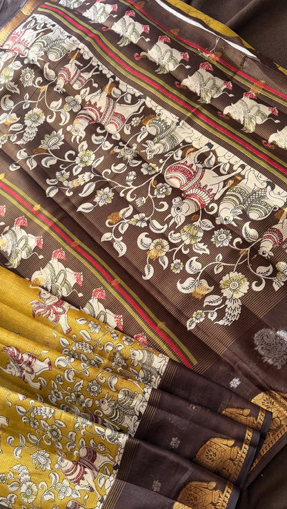 Aura of Artisans: Premium Lavender-Mustard Kalamkari Saree Collection