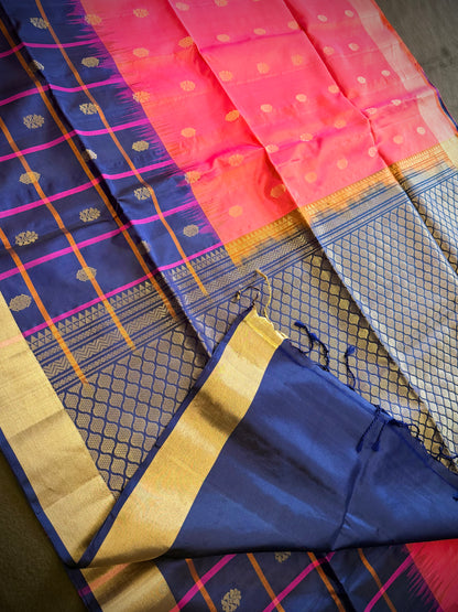 Radiant Rose & Blue: Handwoven Kanjivaram Masterpiece