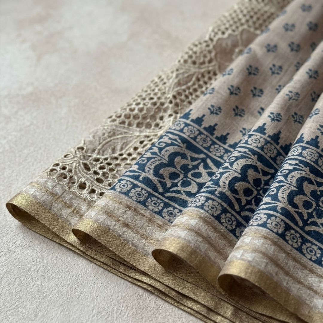 Ivory Filigree | Beige Tussar Silk Saree with Ornate Cutwork Pallu