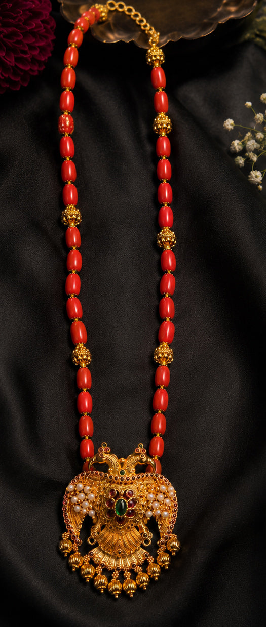 Natural Tibetan Coral Necklace with Statement Gandaberunda Pendant