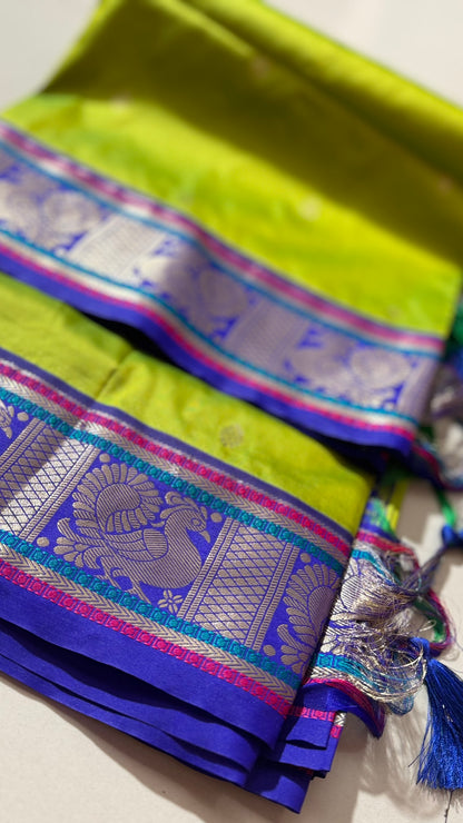 Lime Green Soft Silk Saree with Peacock Zari Pallu & Contrast Border | Hridha