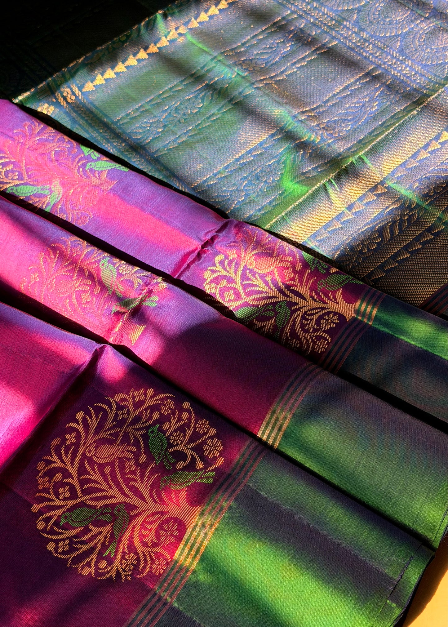 The Artisan’s Soul - The Parrot Grove Pure Silk Saree in Vibrant Magenta and Emerald