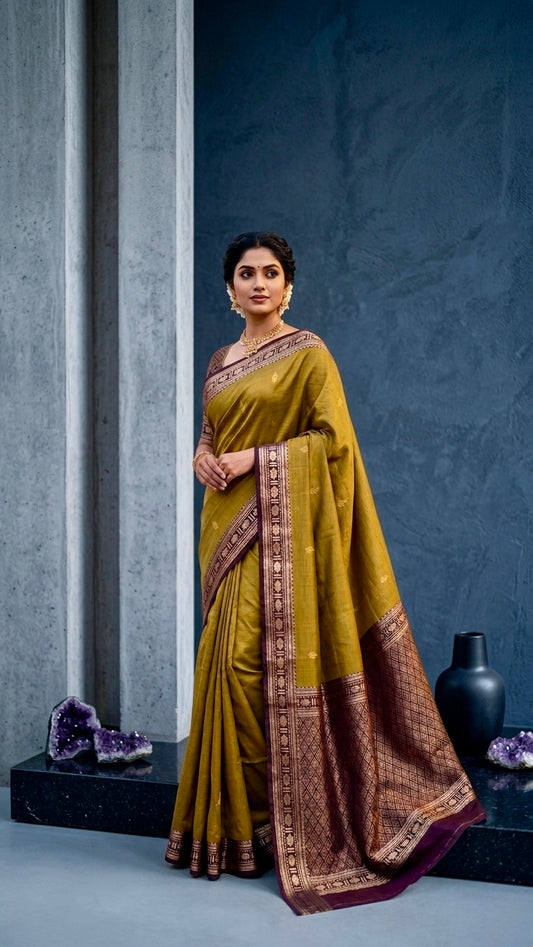 Golden Nectar: Honey Gold & Dark Maroon Kanjivaram Silk