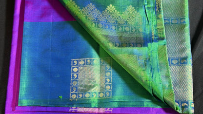 Royal Majenta & Emerald Grid Pure Kanchipuram Silk Saree