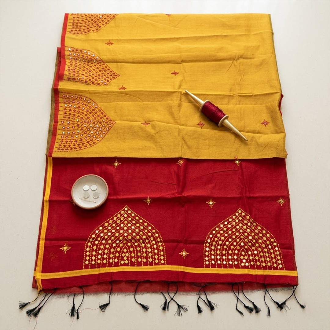 Amber Glow Silk Cotton Saree with Maroon Mirror-Work Pallu