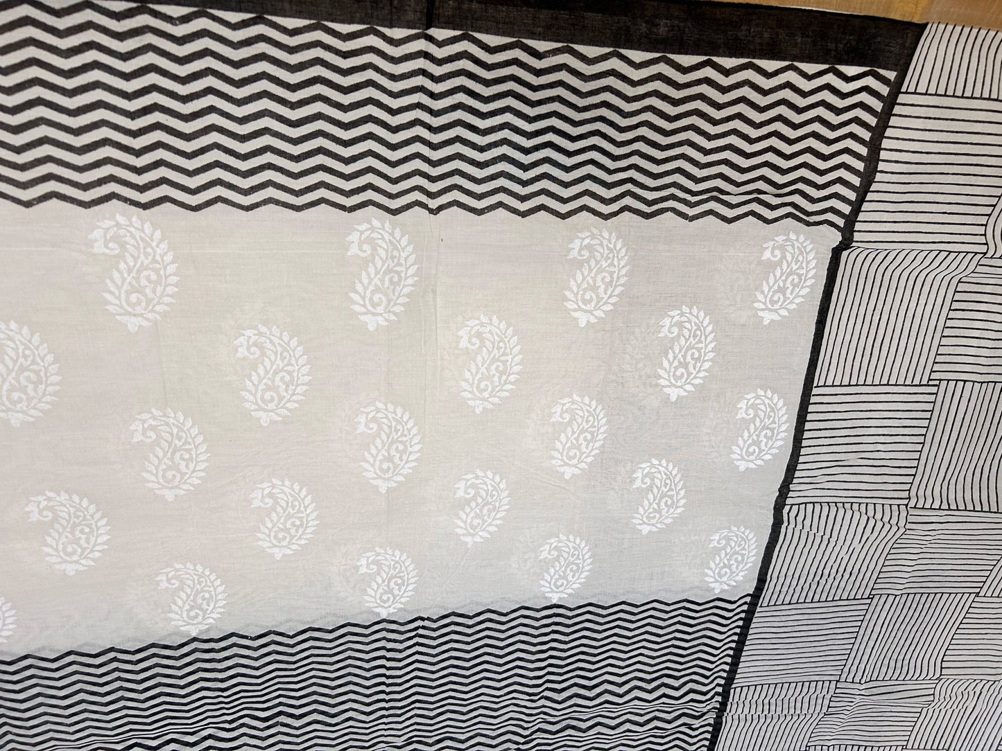 Black & white block print cotton saree
