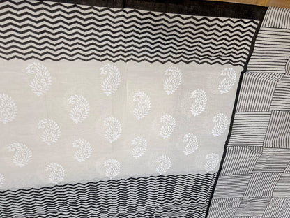 Black & white block print cotton saree