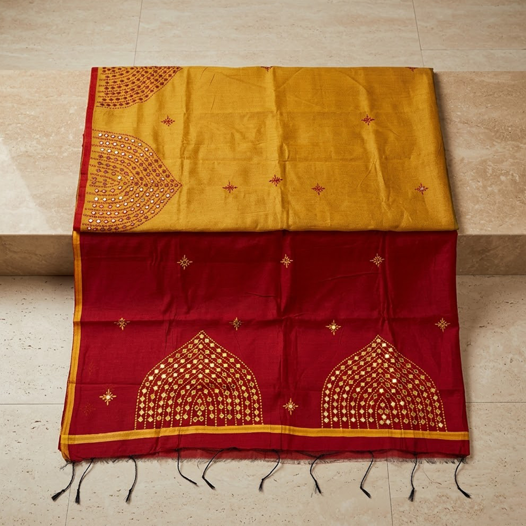 Amber Glow Silk Cotton Saree with Maroon Mirror-Work Pallu