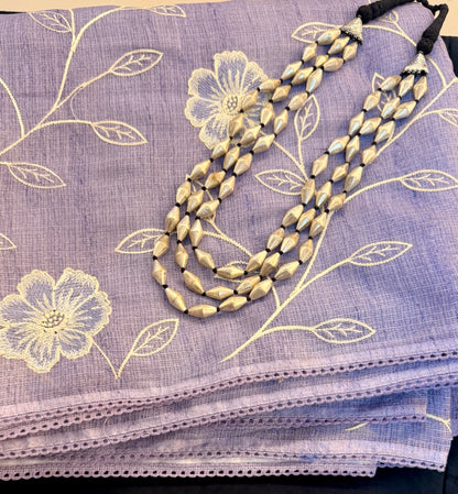 Lavender Kota Silk Saree with Floral Embroidery | Hridha