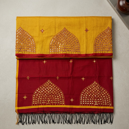 Amber Glow Silk Cotton Saree with Maroon Mirror-Work Pallu