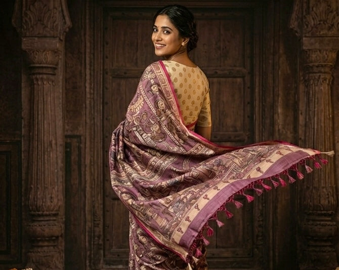 Archaic Elegance: Lilac and Olive Green Kalamkari Tussar Collection