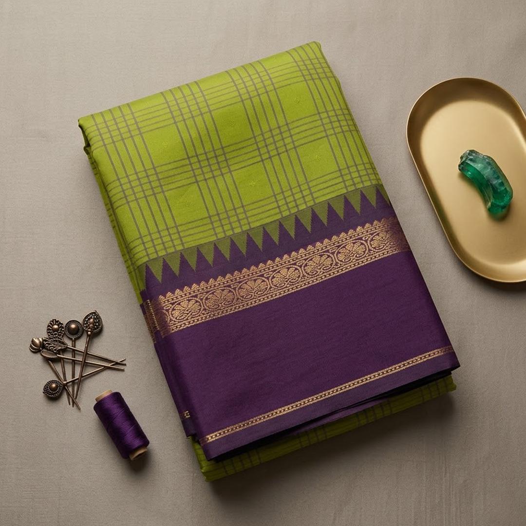 Emerald Vineyard | Parrot Green Kanchipuram Korvai Silk with Plum Purple Pallu