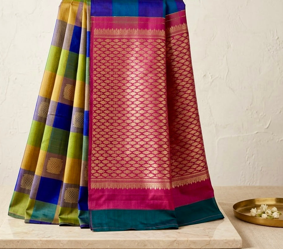 Mosaic Grandeur | Multi-Color Checkered Kanjivaram Silk with Magenta Pallu