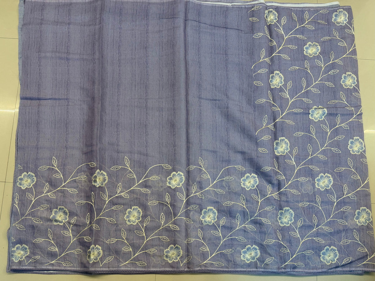 Lavender Kota Silk Saree with Floral Embroidery | Hridha