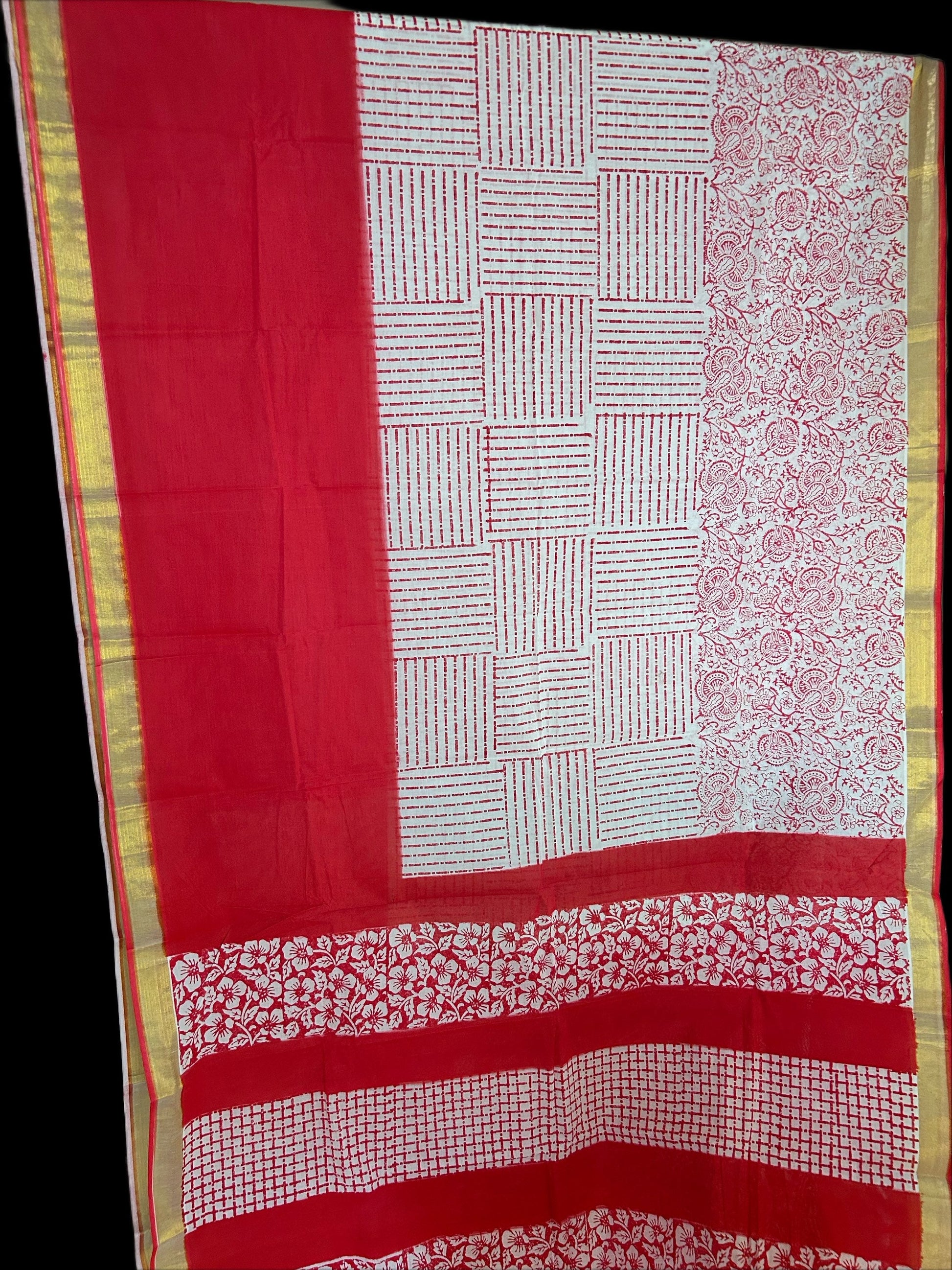 Bright red & white cotton saree