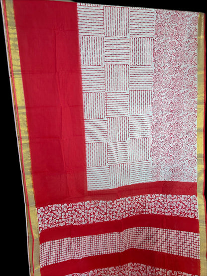 Bright red & white cotton saree