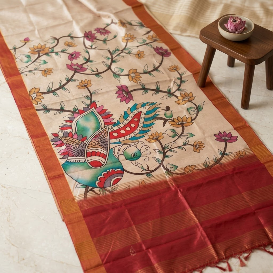 Kalamkari Peacock | Off-White Tussar Silk with Peacock Art