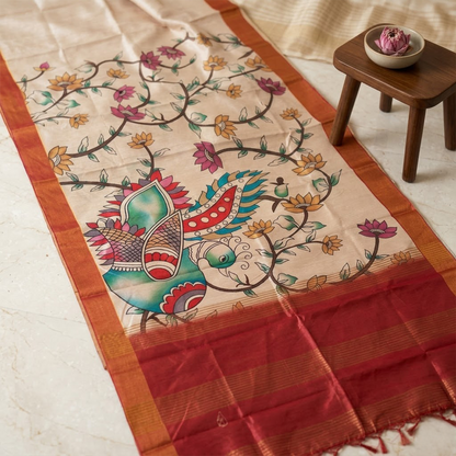 Kalamkari Peacock | Off-White Tussar Silk with Peacock Art