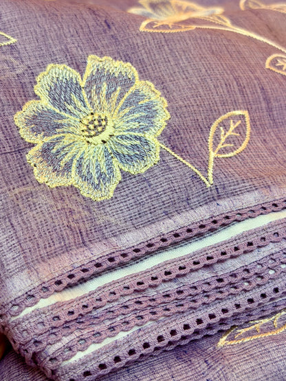 Lavender Kota Silk Saree with Floral Embroidery | Hridha