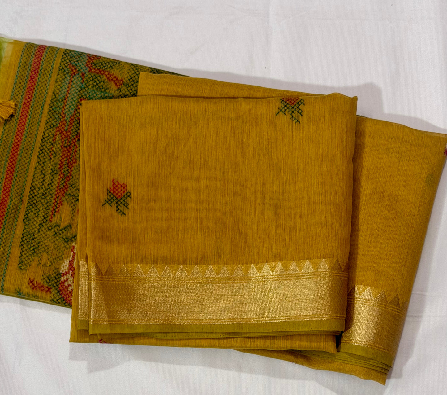 Textured Muga Saree with Woven Parrot Pallu & Temple Zari Border