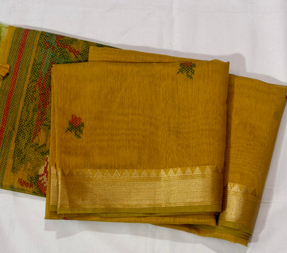 Textured Muga Saree with Woven Parrot Pallu & Temple Zari Border