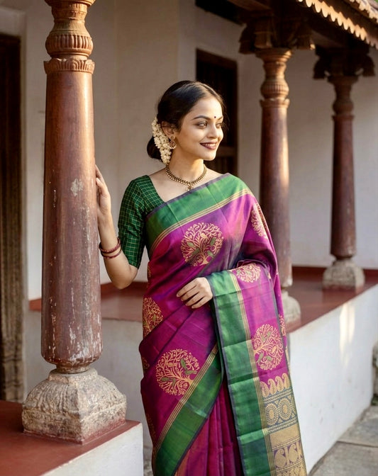 The Artisan’s Soul - The Parrot Grove Pure Silk Saree in Vibrant Magenta and Emerald
