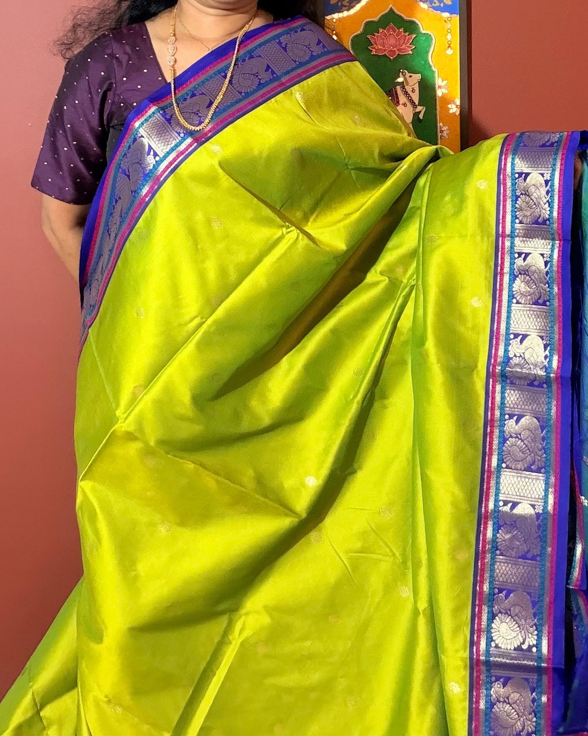 Lime Green Soft Silk Saree with Peacock Zari Pallu & Contrast Border | Hridha