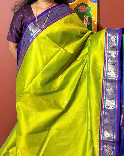 Lime Green Soft Silk Saree with Peacock Zari Pallu & Contrast Border | Hridha