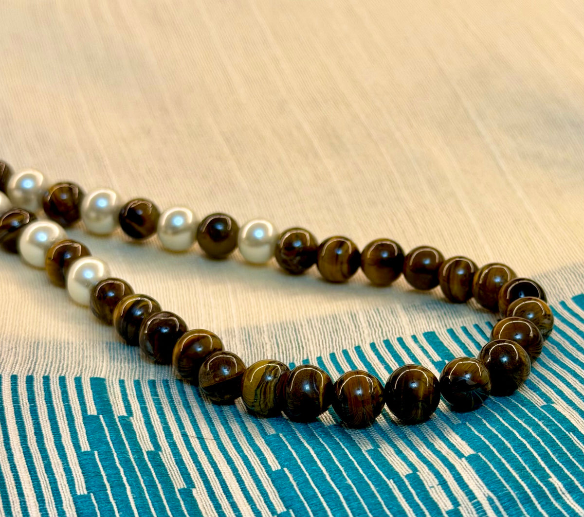 Natural Tiger Eye & Pearl Beaded Necklace Set with Earrings | Hridha