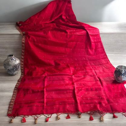 Red Raw silk embroidery saree