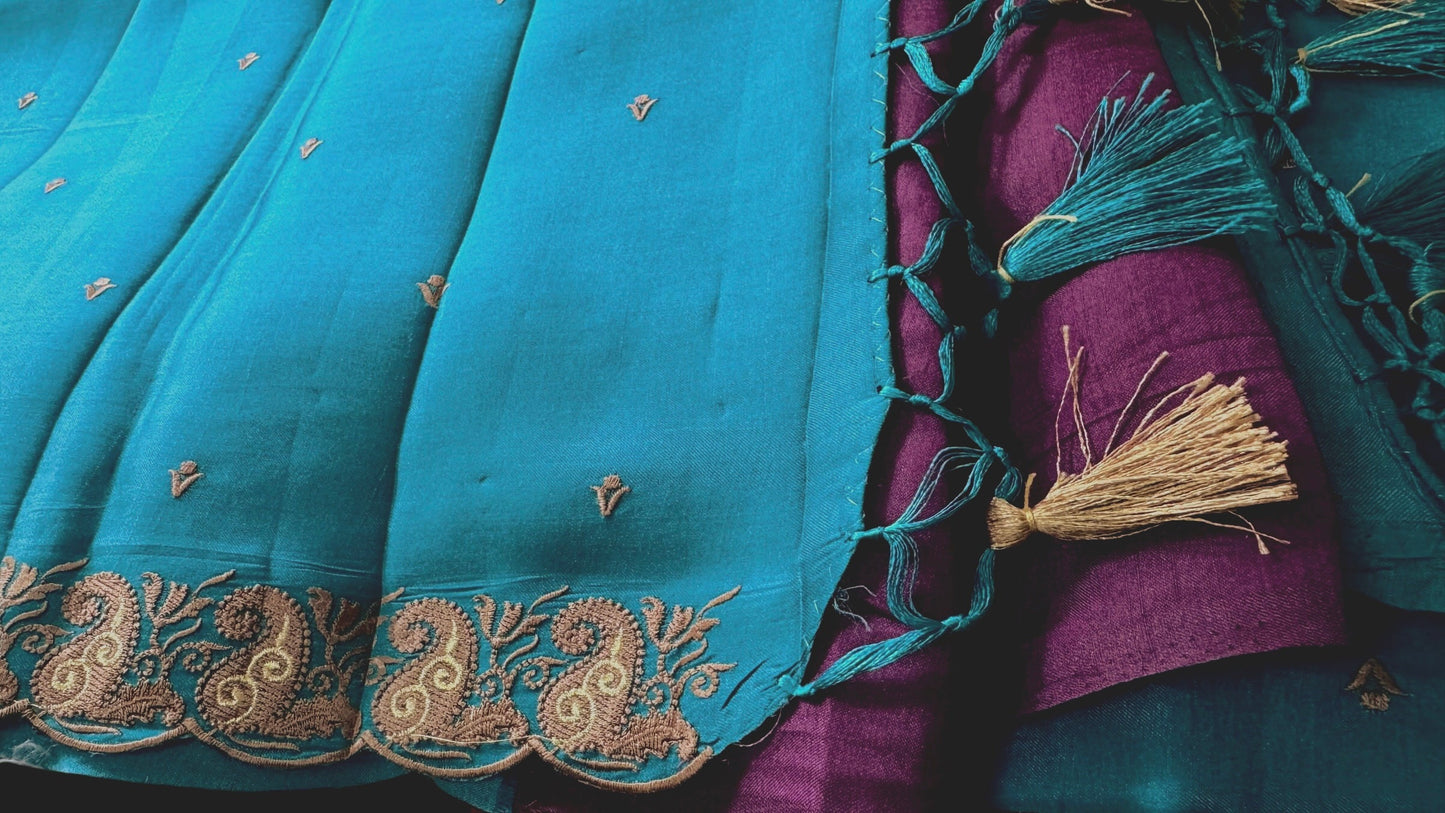 Aqua Raw silk embroidery saree