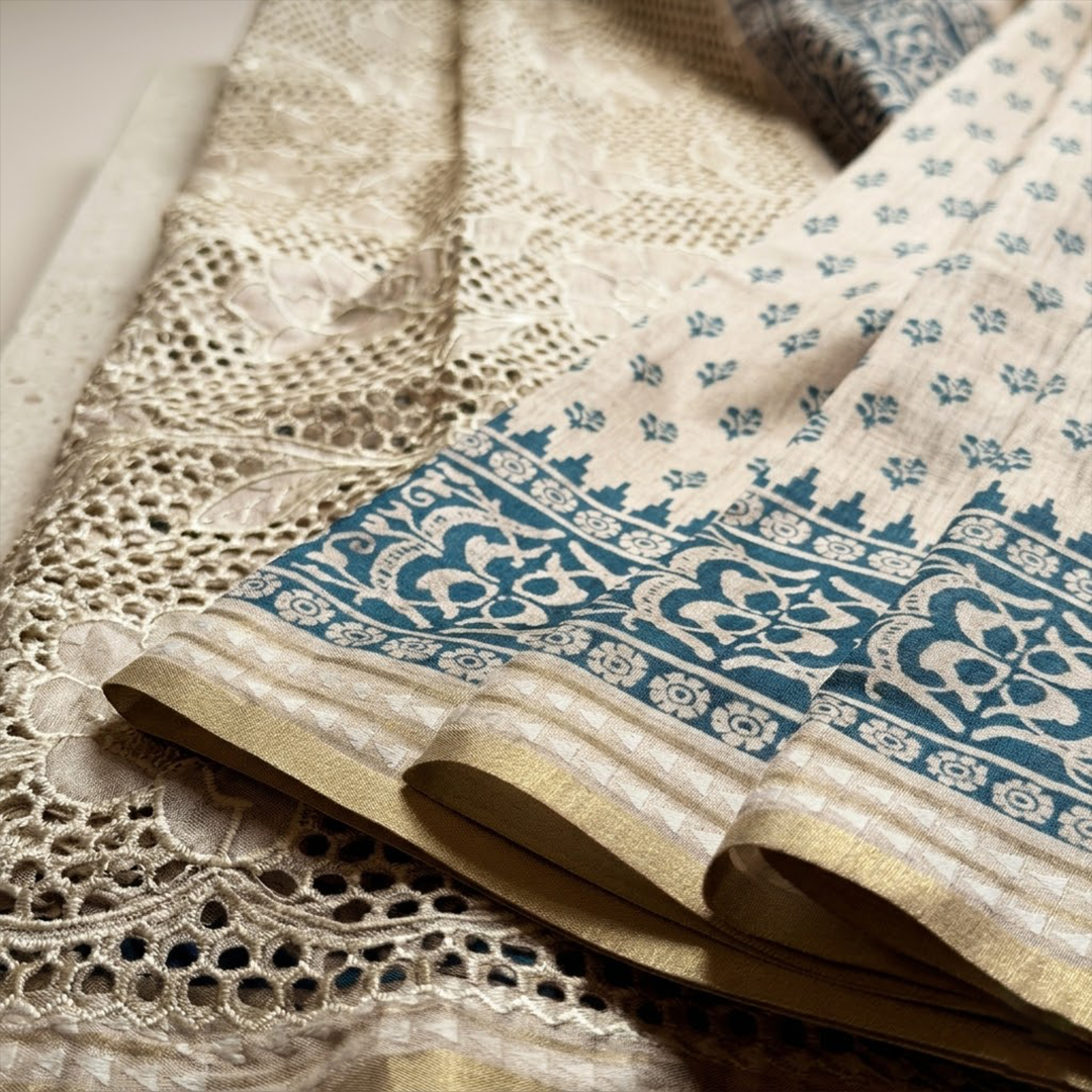 Ivory Filigree | Beige Tussar Silk Saree with Ornate Cutwork Pallu