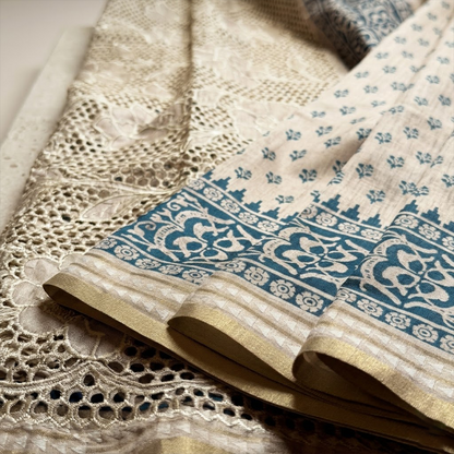 Ivory Filigree | Beige Tussar Silk Saree with Ornate Cutwork Pallu