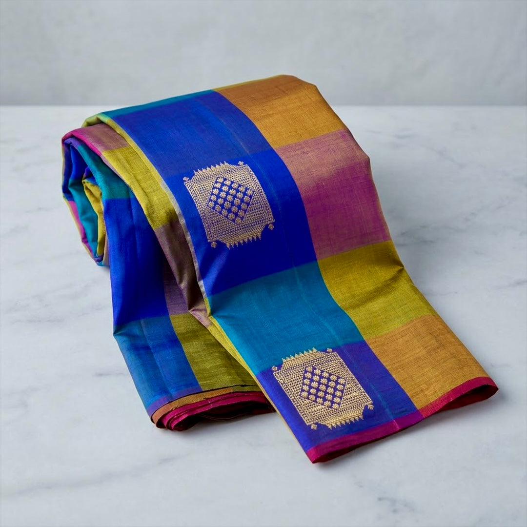 Mosaic Grandeur | Multi-Color Checkered Kanjivaram Silk with Magenta Pallu